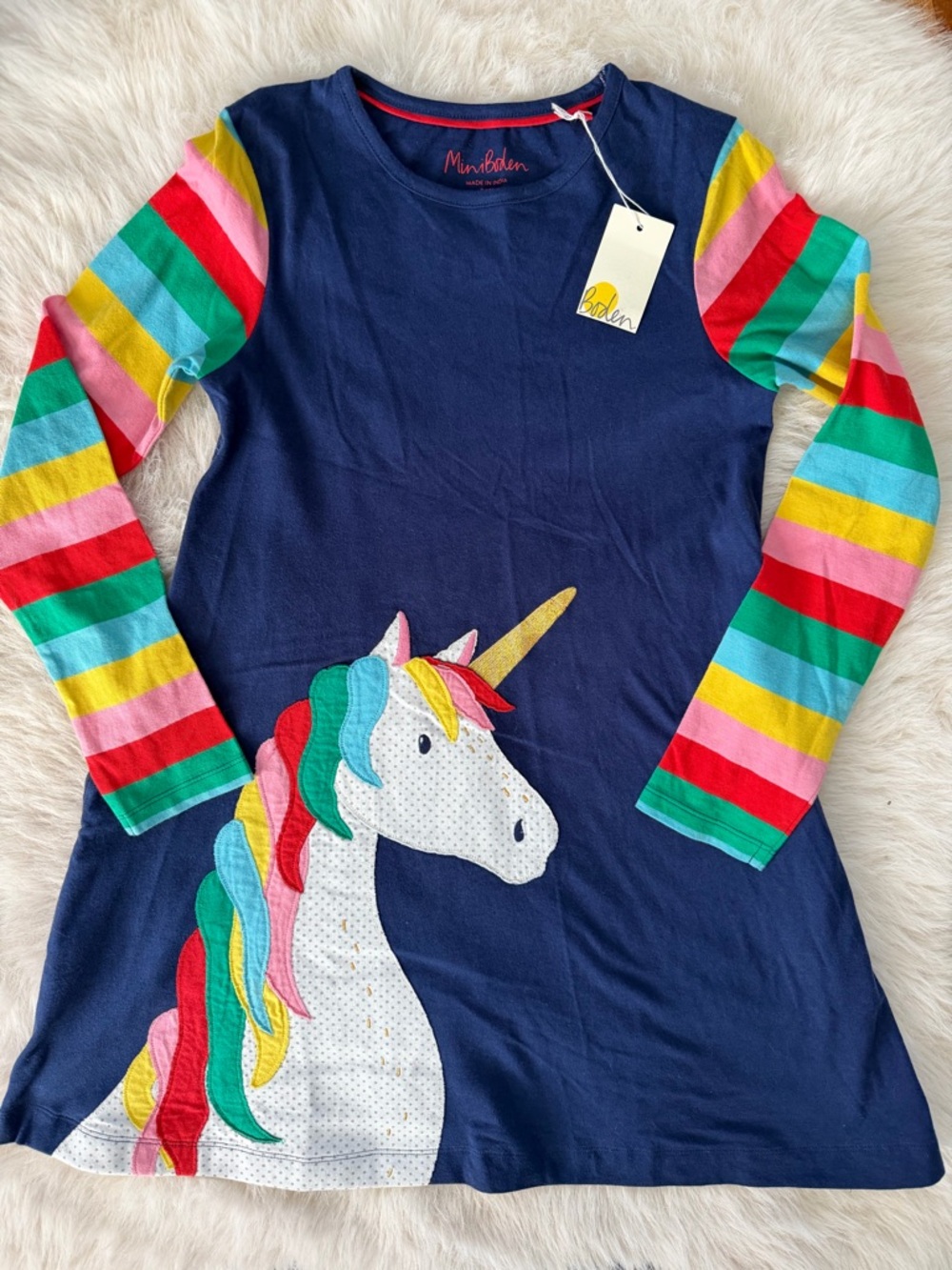 Mini Boden - Colorful Appliqué Rainbow Unicorn Navy Tunic Dress Girls Size 9-10